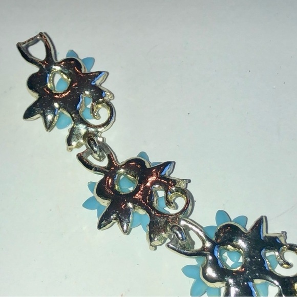 Vintage Silver Tone Blue 3D Flower CZ Rhinestone Classic 50s 60s Boho Bracelet - Picture 7 of 7